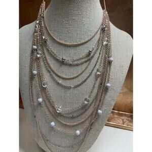 NWT Layered Necklace Rose Gold & Silver Chain with Enamel & Crystal Beads 21.5"‎
